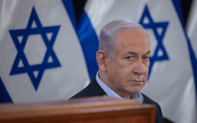 File: Prime Minister Benjamin Netanyahu attends a press conference at the Ministry of Defense, in Tel Aviv. November 22, 2023. (Chaim Goldberg/Flash90)