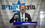 Head of the Otzma Yehudit party, National Security Minister Itamar Ben Gvir, leads a faction meeting at the Knesset in Jerusalem on January 1, 2024 (Yonatan Sindel/Flash90)