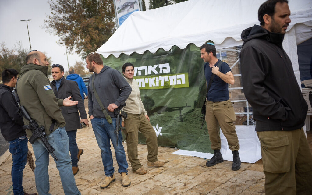 Reserve soldiers at a protest tent they set up demanding the continuation of fighting in the Gaza Strip, outside the Prime Minister's Office in Jerusalem, January 2, 2024. (Yonatan Sindel/Flash90) Reserve soldiers at a protest tent they set up demanding the continuation of fighting in the Gaza Strip, outside the Prime Minister's Office in Jerusalem, January 2, 2024. (Yonatan Sindel/Flash90)