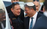 National Security Minister Itamar Ben Gvir (right) and then-police chief Kobi Shabtai at the funeral of Border Police officer Sgt. Shay Germay at the military cemetary in Karmiel, January 7, 2024. (David Cohen/Flash90)