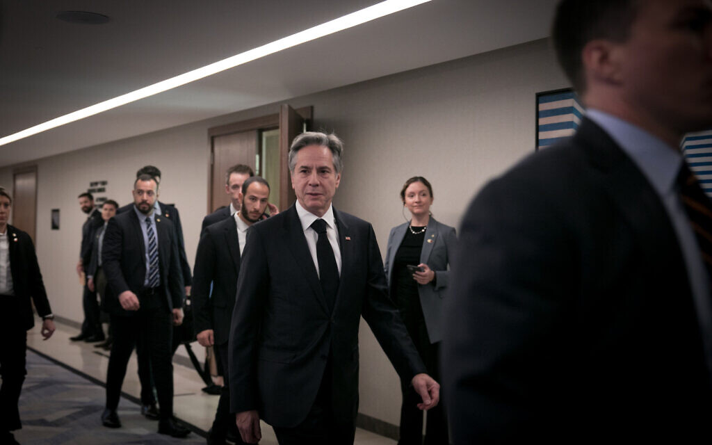 US Secretary of State Antony Blinken on his way to a meeting with President Isaac Herzog in Tel Aviv on January 9, 2024. (Miriam Alster/Flash90) US Secretary of State Antony Blinken on his way to a meeting with President Isaac Herzog in Tel Aviv on January 9, 2024. (Miriam Alster/Flash90)