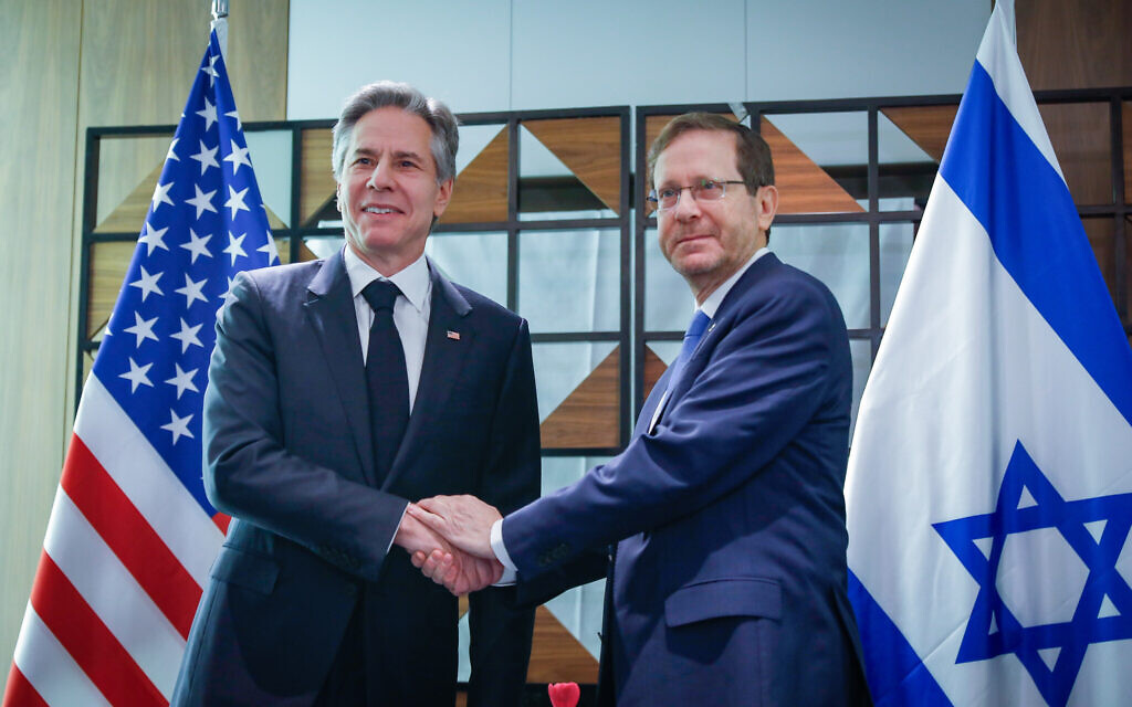 President Isaac Herzog, right, meets with United States Secretary of State Antony Blinken in Tel Aviv on January 9, 2024. (Miriam Alster/Flash90)