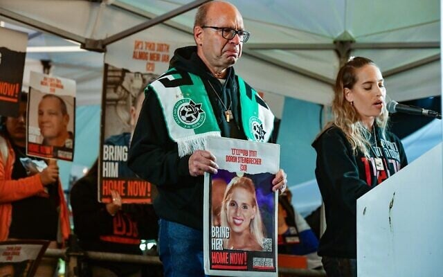 The family of hostage Doron Steinbrecher at the January 13, 2024, rally calling for the release of Hamas hostages. (Avshalom Sassoni/Flash90)