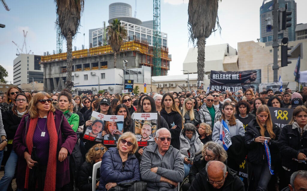 People attend 24-hour rally marking 100 days since the October 7 Hamas onslaught, at Hostage Square in Tel Aviv, on January 14, 2024. (Miriam Alster/Flash90)