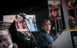 Shira Albag speaks about her daughter Liri at a rally for the release of Israelis held kidnapped by Hamas terrorists in Gaza, at Hostages Square in Tel Aviv on January 20, 2024 (Miriam Alster/Flash90)
