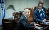 Opposition Leader MK Yair Lapid speaks during a plenum session for the Israeli Knesset's 75th anniversary, January 24, 2024. (Yonatan Sindel/Flash90)