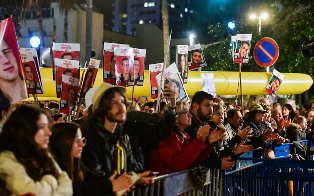 People attend a rally calling for the release of Israelis kidnapped by Hamas terrorists to Gaza at "Hostage Square" in Tel Aviv, January 27, 2024. (Avshalom Sassoni/Flash90) People attend a rally calling for the release of Israelis kidnapped by Hamas terrorists to Gaza at "Hostage Square" in Tel Aviv, January 27, 2024. (Avshalom Sassoni/Flash90)