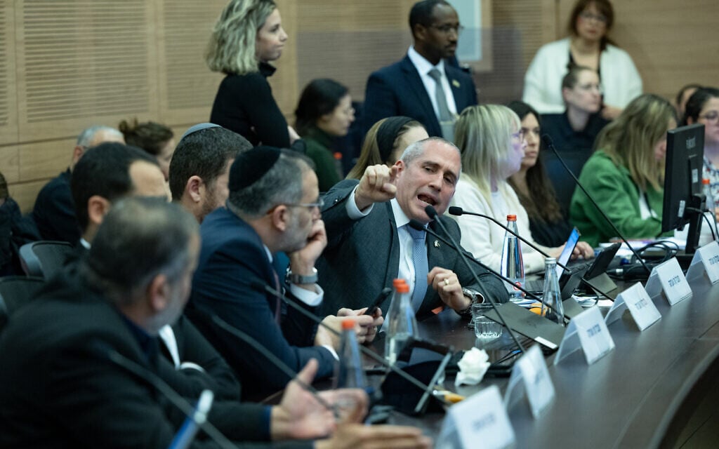 MK Hanoch Milwidsky reacts during a House committee meeting at the Knesset, the Israeli Parliament in Jerusalem on January 29, 2024. (Yonatan Sindel/Flash90)