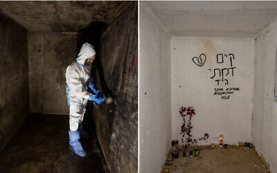 Left: A ZAKA volunteer cleans blood stains from a roadside bomb shelter where Israelis were murdered on October 7, near the Gaza border, November 19, 2023. Right: A repainted roadside bomb shelter where Israelis were murdered during the October 7 Hamas onslaught, near the Gaza border, January 2, 2024. (Chaim Goldberg/Flash90)