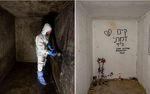 Left: A ZAKA volunteer cleans blood stains from a roadside bomb shelter where Israelis were murdered on October 7, near the Gaza border, November 19, 2023. Right: A repainted roadside bomb shelter where Israelis were murdered during the October 7 Hamas onslaught, near the Gaza border, January 2, 2024. (Chaim Goldberg/Flash90) Left: A ZAKA volunteer cleans blood stains from a roadside bomb shelter where Israelis were murdered on October 7, near the Gaza border, November 19, 2023. Right: A repainted roadside bomb shelter where Israelis were murdered during the October 7 Hamas onslaught, near the Gaza border, January 2, 2024. (Chaim Goldberg/Flash90)