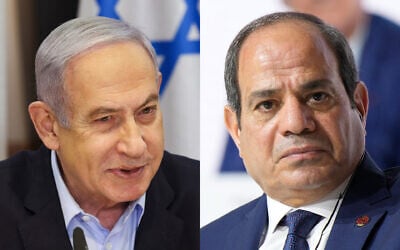 Left: Israeli Prime Minister Benjamin Netanyahu in Tel Aviv, January 7, 2024; Right: Egyptian President Abdel Fattah el-Sissi in Paris, June 23, 2023 (Ronen Zvulun/Pool via AP; AP Photo/Lewis Joly, Pool, File)