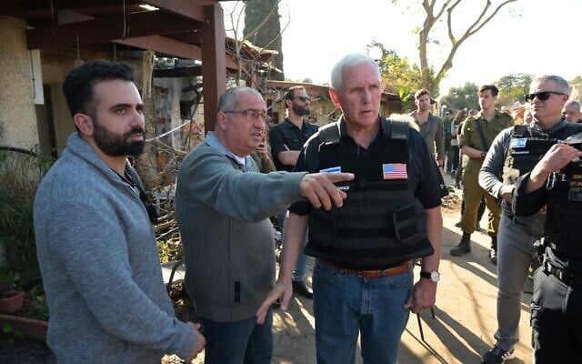 Former US vice president Mike Pence visits Kibbutz Kfar Aza, January 4, 2024 (via twitter) Former US vice president Mike Pence visits Kibbutz Kfar Aza, January 4, 2024 (via twitter)