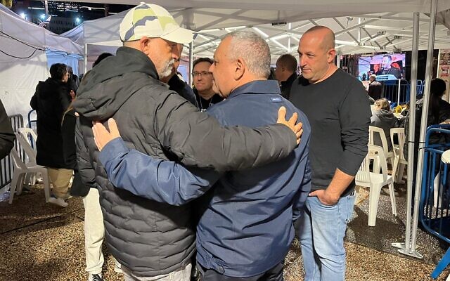 War cabinet minister Gadi Eisenkot (center) attends the Tel Aviv rally marking 100 days since the hostages were kidnapped into Gaza on January 14, 2024. (Courtesy) War cabinet minister Gadi Eisenkot (center) attends the Tel Aviv rally marking 100 days since the hostages were kidnapped into Gaza on January 14, 2024. (Courtesy)