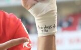 Israeli soccer player Sagiv Jehezkel displays a message of solidarity with hostages held in Gaza while celebrating a goal for Turkish club Antalyaspor on January 14, 2024. (Antalyaspor/X; used in accordance with Clause 27a of the Copyright Law)
