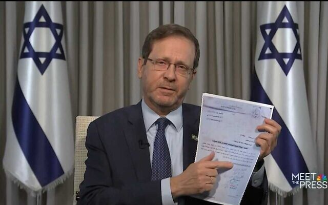 President Isaac Herzog appears on NBC's 'Meet the Press' on January 7, 2024. (Courtesy)