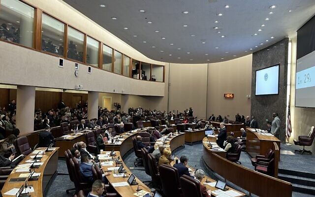 The Chicago City Council debates a resolution calling for a ceasefire in Gaza on January 31, 2024. (Jacob Magid/Times of Israel) The Chicago City Council debates a resolution calling for a ceasefire in Gaza on January 31, 2024. (Jacob Magid/Times of Israel)