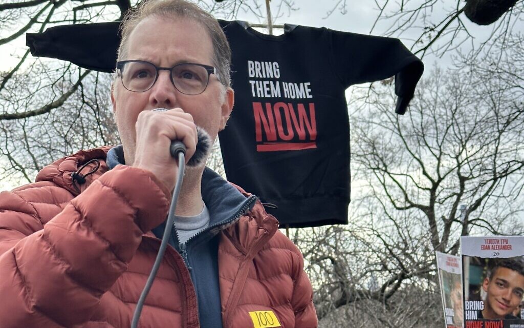 Manhattan Borough President Mark Levine addresses the 2,000-strong crowd at Marching and Running for their Lives in Central Park, in New York, January 14, 2024. (Jordana Horn/Times of Israel)