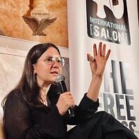 US journalist Bari Weiss during an interview with ex-MK Einat Wilf (not in picture), at the Jaffa Hotel Chapel on January 28, 2024. (Tel Aviv International Salon)