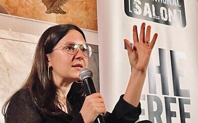 US journalist Bari Weiss during an interview with ex-MK Einat Wilf (not in picture), at the Jaffa Hotel Chapel on January 28, 2024. (Tel Aviv International Salon)