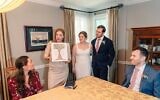 Cantor Sarah Freudenberger at a ketubah signing ceremony for an interfaith wedding she officiated in October 2023. (Courtesy Freudenberger via JTA)