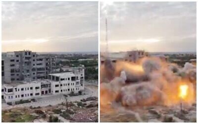 Before and after photos of Israa University in Gaza that was blown up by the IDF on January 17, 2024. (Screen capture/X)