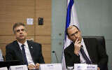 Foreign Minister Eli Cohen (l) and Knesset Constitution, Law and Justice Committee chairman Simcha Rothman (r), during a hearing on January 1, 2024. (Noam Moskowitz/Knesset Spokesperson)