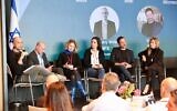 Right to left: Facebook Israel CEO Adi Soffer Teeni; Cisco CEO Oren Sagi; Karin Eibschitz-Segal, co-CEO of Intel Israel; Microsoft Israel CEO Michal Braverman-Blumenstyk; Philips Israel CEO Lior Bonfis; and high-tech entrepreneur Gigi Levy speak at a panel at the annual IATI conference in Tel Aviv on January 28, 2024. (Gilad Artzi)
