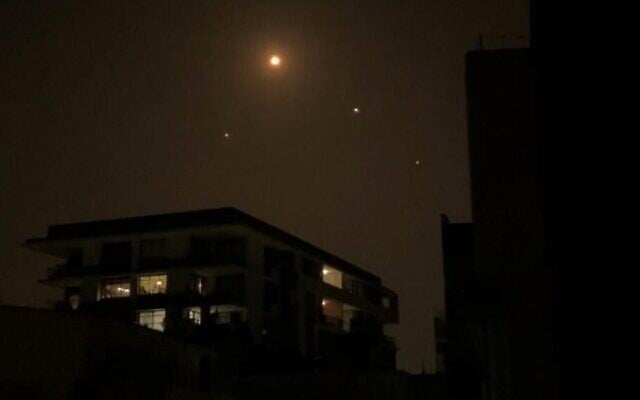 Iron Dome intercepts rockets from Gaza above Tel Aviv just after midnight as 2023 gives way to 2024. (Times of Israel)
