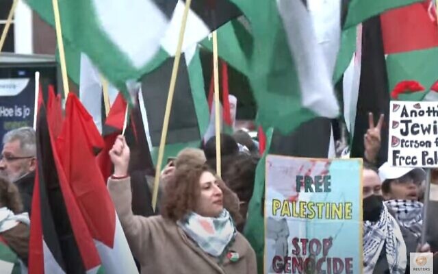 Anti-Israel, pro-Palestinian protesters outside the International Court of Justice in The Hague on January 12, 2024 (Youtube screenshot) Anti-Israel, pro-Palestinian protesters outside the International Court of Justice in The Hague on January 12, 2024 (Youtube screenshot)