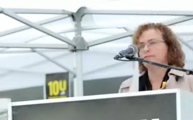 Haifa Mayor Einat Kalisch-Rotem speaks at the rally marking 100 days since October 7, January 14, 2024 (Screenshot)