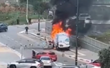 A Shufersal delivery truck burns following a suspected assassination attempt in Netanya, January 2, 2024. (Screen capture: X; used in accordance with clause 27a of the Copyright Law)