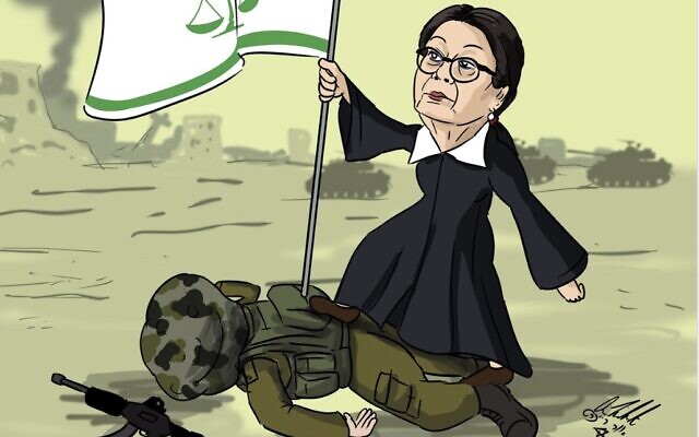 A cartoon in the Shvi'i magazine depicting Supreme Court of Justice President Esther Haut standing with a flag with the justice symbol impaled in an IDF soldier, on January 4, 2024. (Shvi'i: used in accordance with Clause 27a of the Copyright Law) A cartoon in the Shvi'i magazine depicting Supreme Court of Justice President Esther Haut standing with a flag with the justice symbol impaled in an IDF soldier, on January 4, 2024. (Shvi'i: used in accordance with Clause 27a of the Copyright Law)