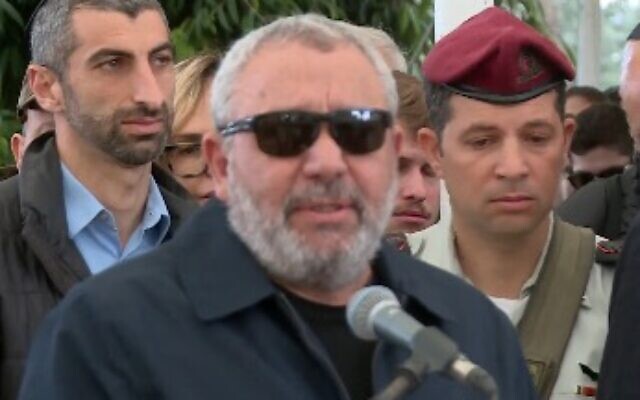 War cabinet minister Gadi Eisenkot speaks at a memorial ceremony for his son Gal in Herzliya on January 5, 2024. (Screen capture/X)