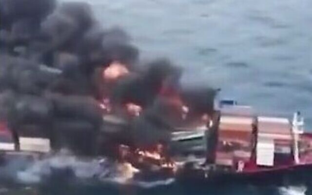 A ship struck by a Houthi missile on January 15, 2024. (Screen capture/X) A ship struck by a Houthi missile on January 15, 2024. (Screen capture/X)