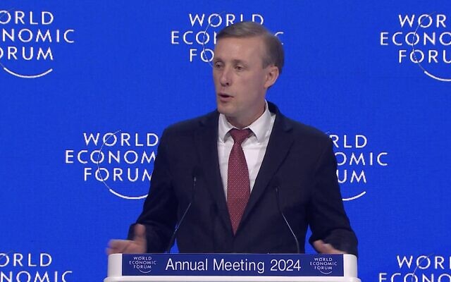 US National Security Adviser Jake Sullivan addresses the World Economic Forum in Davos on January 16, 2024. (Screen capture/WEF) US National Security Adviser Jake Sullivan addresses the World Economic Forum in Davos on January 16, 2024. (Screen capture/WEF)