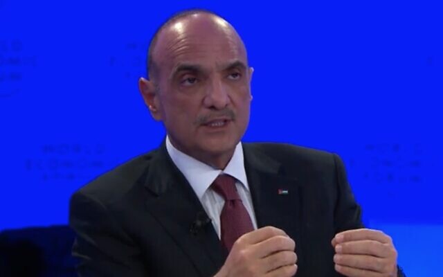 Jordan's Prime Minister Bisher Khasawneh speaks at the World Economic Forum in Davos on January 16, 2024. (Screen capture/WEF) Jordan's Prime Minister Bisher Khasawneh speaks at the World Economic Forum in Davos on January 16, 2024. (Screen capture/WEF)