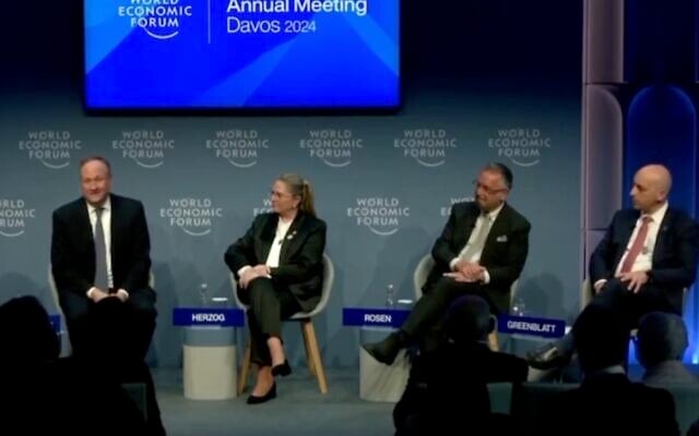Second Gentleman Doug Emhoff addresses a panel on antisemitism at the World Economic Forum in Davos, Switzerland on January 18, 2024. (Screen capture/WEF) Second Gentleman Doug Emhoff addresses a panel on antisemitism at the World Economic Forum in Davos, Switzerland on January 18, 2024. (Screen capture/WEF)