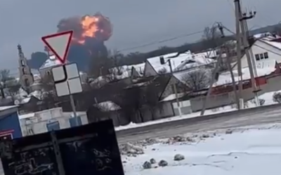 Still image from a video purporting to show the crash of an Ilyushin-76, a Russian military transport jet, which was said to carry 65 Ukrainian prisoners of war, on January 24, 2024. (Screen capture: X. Used in accordance with Clause 27a of the Copyright Law).