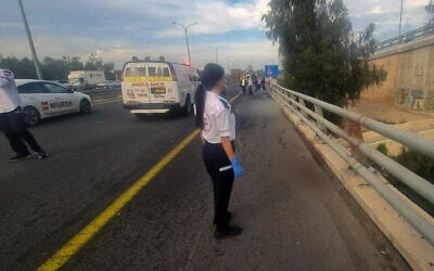 A Magen David Adom medic at the scene of a traffic accident at the Bialik Interchange on Route 22, northern Israel, January 21, 2024. (Magen David Adom)