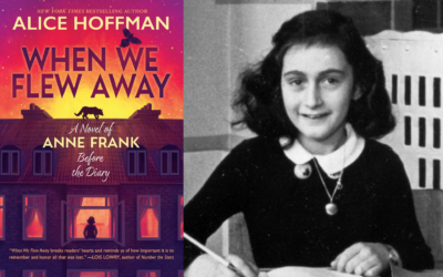 Left: The cover of 'When We Flew Away: A Novel of Anne Frank Before the Diary,' written by best-selling author Alice Hoffman. (Scholastic Inc. via AP); Right: Anne Frank in her school in Amsterdam. (Public domain)