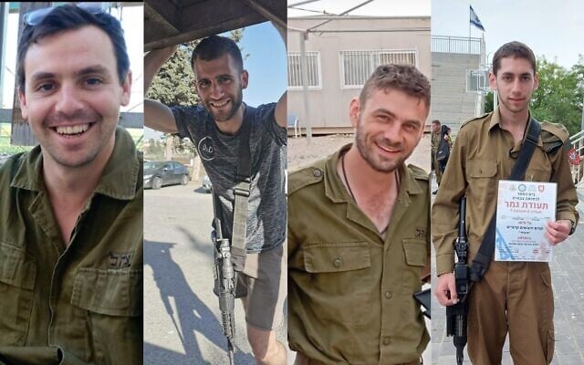 From left to right, this composite photo shows Sgt. First Class (res.) David Schwartz, Sgt. First Class (res.) Gavriel Bloom, Sgt. First Class (res.) Yakir Hexter and Sgt. Roi Tal, who the Israel Defense Forces announced on January 9, 2024, were killed fighting against Hamas terrorists in the Gaza Strip. (Israel Defense Forces)