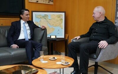 Defense Minister Yoav Gallant (right) meets US special envoy to the region Amos Hochstein at the Defense Ministry headquarters in Tel Aviv, January 4, 2024. (Ariel Hermoni/Defense Ministry)