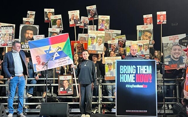 A rally at Hostages Square on January 6, 2024, is addressed by Imad Habaka (right), father of IDF Lieutenant Colonel Salman Habaka, who fell in Gaza last month. (Courtesy Yael Gadot) A rally at Hostages Square on January 6, 2024, is addressed by Imad Habaka (right), father of IDF Lieutenant Colonel Salman Habaka, who fell in Gaza last month. (Courtesy Yael Gadot)