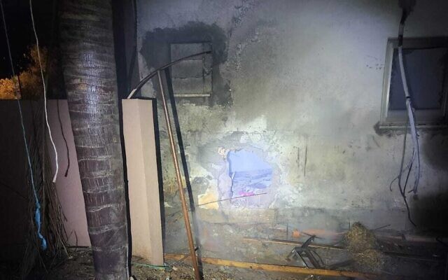 Damage caused by a rocket fired from Gaza in the border community of Yakhini, on January 7, 2024. (Sha'ar Hanegev Regional Council) Damage caused by a rocket fired from Gaza in the border community of Yakhini, on January 7, 2024. (Sha'ar Hanegev Regional Council)
