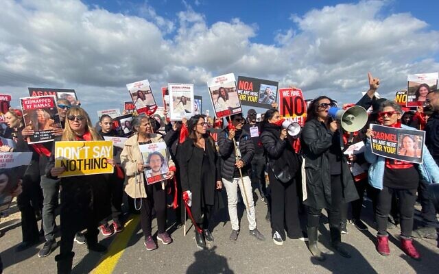 Women protest march in southern Israel calling for the release of the hostages on January 12, 2024. (Dafna Yosha)