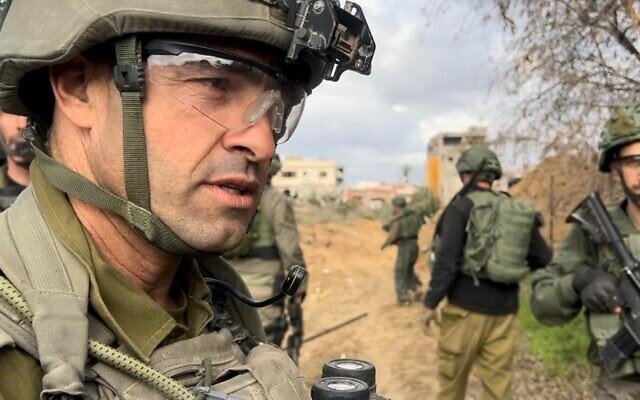 IDF 646th Brigade commander Col. Elad Shushan speaks to The Times of Israel in the central Gaza Strip, January 14, 2024 (Lazar Berman/The Times of Israel)