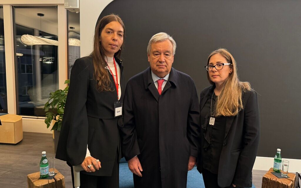 UN Secretary General Antonio Guterres (center) meets with freed Israeli hostages Moran Stela Yanai (left) and Nili Margalit in Davos, Switzerland, on January 18, 2024. (Courtesy Hostage Families Forum)