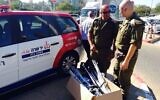 Yad Sarah, one of Israel’s largest medical aid volunteer groups, delivers crutches to soldiers. (Courtesy)