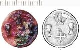 Tiny Byzantine glass weight discovered by the Temple Mount Sifting Project. (image, left: Zev Radovan, illustration: Razia Richman)