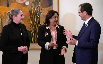 UN special representative on sexual violence in conflict Pramila Patten (center) meets with First Lady Michal Herzog (left) and President Isaac Herzog in Jerusalem on January 29, 2024. (Amos Ben-Gershom / GPO)